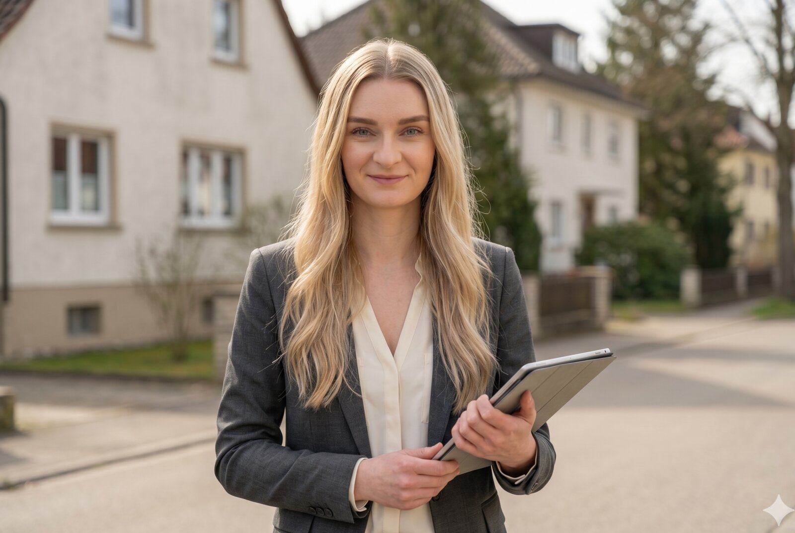 Jennifer Bernert bei der Vor-Ort-Begutachtung vor einem Wohnhaus